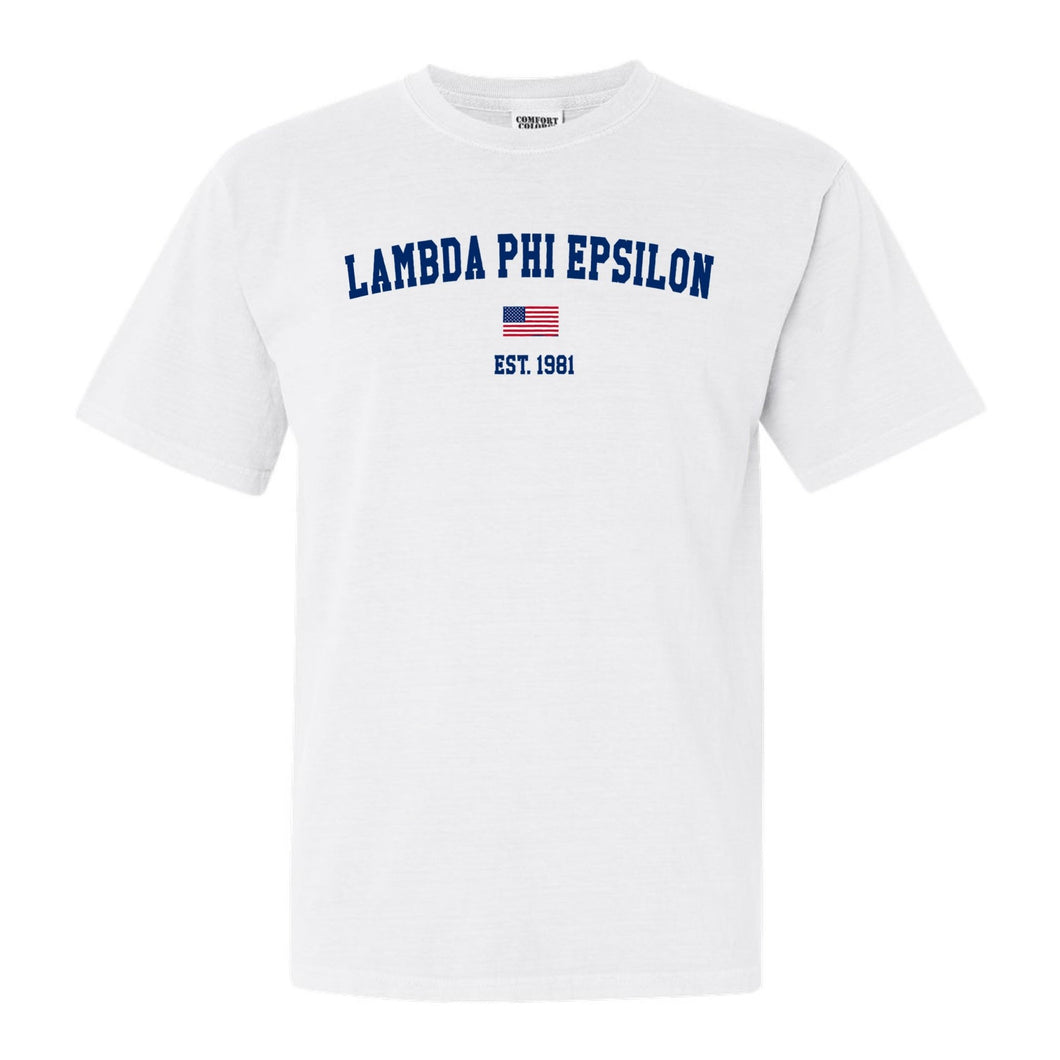 Lambda Phi Epsilon USA Flag Comfort Colors T-Shirt - Fraternity Tee - Kite and Crest