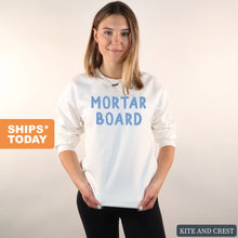 Load image into Gallery viewer, Mortar Board Blue Bubble Letters Crewneck Sweatshirt - Kite and Crest
