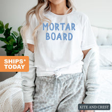 Load image into Gallery viewer, Mortar Board Blue Bubble Letters T-shirt - Kite and Crest
