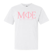 Load image into Gallery viewer, Mu Phi Epsilon Classic Pink Letters Comfort Colors T-Shirt - Kite and Crest
