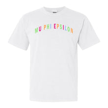 Load image into Gallery viewer, Mu Phi Epsilon Greek Rainbow Comfort Colors T-Shirt - Kite and Crest
