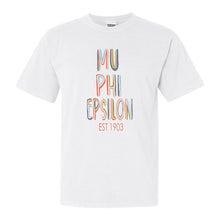 Load image into Gallery viewer, Mu Phi Epsilon Pastel Stencil Comfort Colors T-Shirt - Kite and Crest
