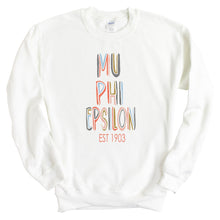 Load image into Gallery viewer, Mu Phi Epsilon Pastel Stencil Sweatshirt - Fraternity Crewneck Sweatshirt - Kite and Crest
