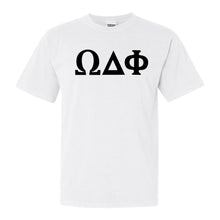 Load image into Gallery viewer, Omega Delta Phi Basic Black Letters Comfort Colors T-Shirt - Fraternity Tee - Kite and Crest
