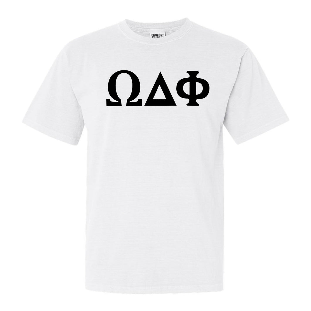 Omega Delta Phi Basic Black Letters Comfort Colors T-Shirt - Fraternity Tee - Kite and Crest