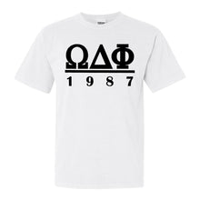 Load image into Gallery viewer, Omega Delta Phi Black Letter Comfort Colors T-Shirt - Fraternity Tee - Kite and Crest
