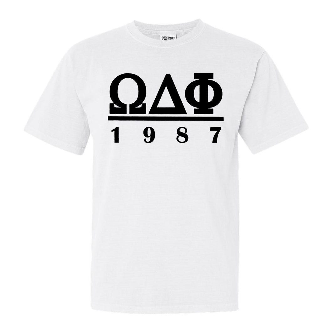 Omega Delta Phi Black Letter Comfort Colors T-Shirt - Fraternity Tee - Kite and Crest