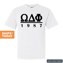 Load image into Gallery viewer, Omega Delta Phi Black Letter Comfort Colors T-Shirt - Fraternity Tee - Kite and Crest
