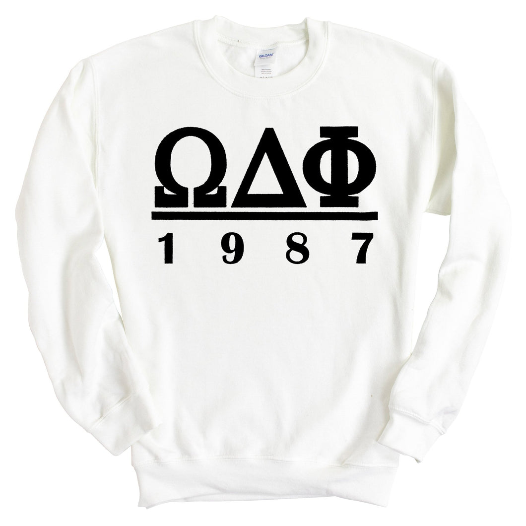 Omega Delta Phi Black Letter Sweatshirt - Fraternity Crewneck Sweatshirt - Kite and Crest