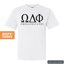 Load image into Gallery viewer, Omega Delta Phi Block Letter Comfort Colors T-Shirt - Fraternity Tee - Kite and Crest

