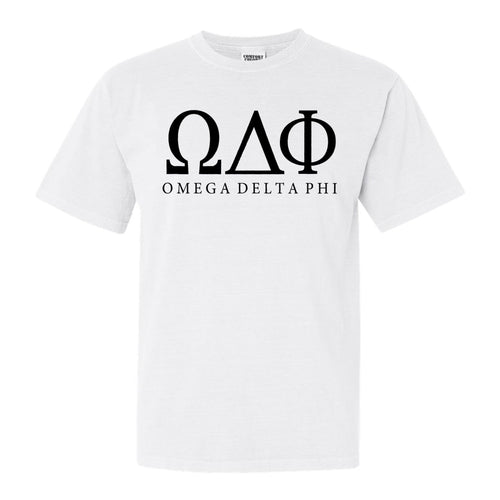 Omega Delta Phi Block Letter Comfort Colors T-Shirt - Fraternity Tee - Kite and Crest
