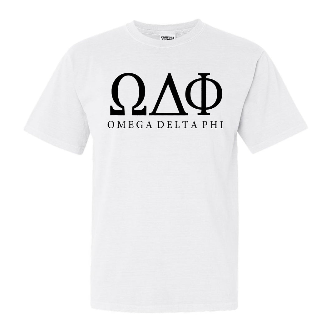 Omega Delta Phi Block Letter Comfort Colors T-Shirt - Fraternity Tee - Kite and Crest