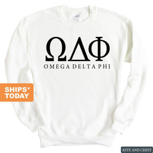 Load image into Gallery viewer, Omega Delta Phi Block Letter Sweatshirt - Fraternity Crewneck Sweatshirt - Kite and Crest
