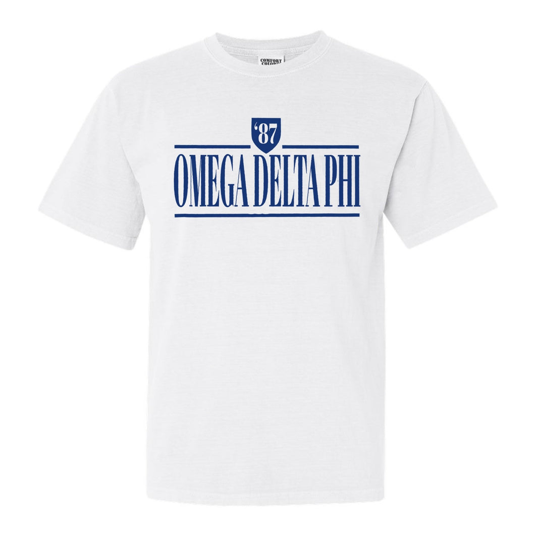 Omega Delta Phi Shield Comfort Colors T-Shirt - Fraternity Tee - Kite and Crest