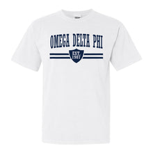 Load image into Gallery viewer, Omega Delta Phi Striped Shield Comfort Colors T-Shirt - Fraternity Tee - Kite and Crest
