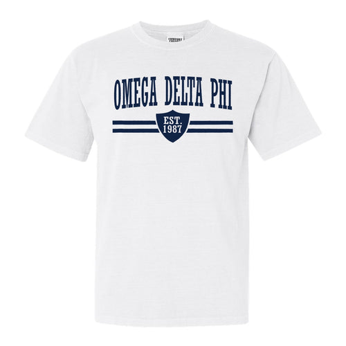Omega Delta Phi Striped Shield Comfort Colors T-Shirt - Fraternity Tee - Kite and Crest