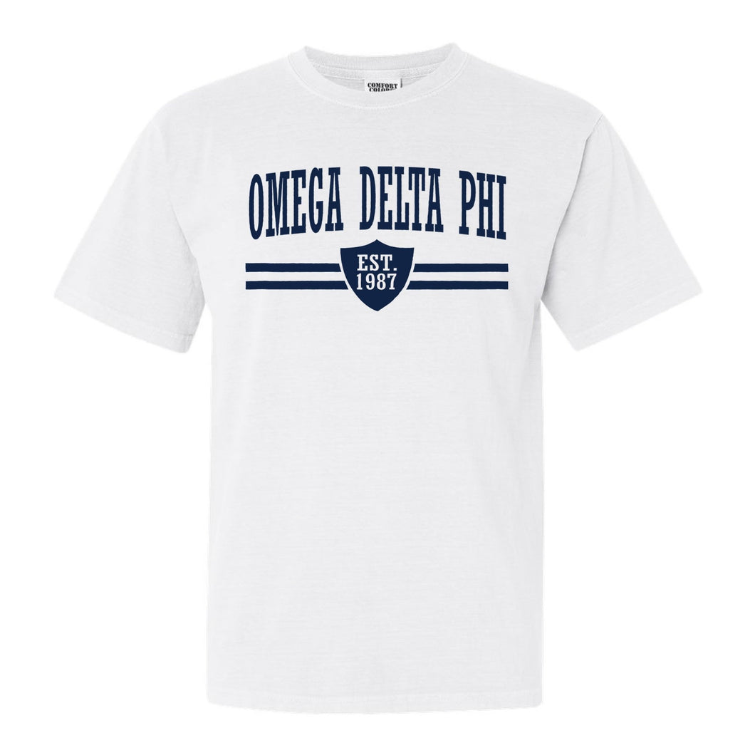 Omega Delta Phi Striped Shield Comfort Colors T-Shirt - Fraternity Tee - Kite and Crest