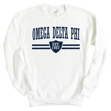 Load image into Gallery viewer, Omega Delta Phi Striped Shield Sweatshirt - Fraternity Crewneck Sweatshirt - Kite and Crest
