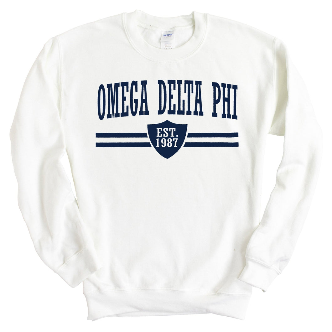 Omega Delta Phi Striped Shield Sweatshirt - Fraternity Crewneck Sweatshirt - Kite and Crest