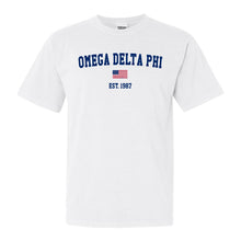 Load image into Gallery viewer, Omega Delta Phi USA Flag Comfort Colors T-Shirt - Fraternity Tee - Kite and Crest
