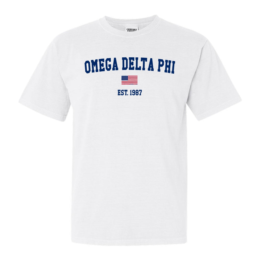 Omega Delta Phi USA Flag Comfort Colors T-Shirt - Fraternity Tee - Kite and Crest