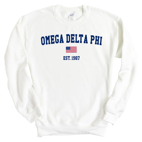 Omega Delta Phi USA Flag Sweatshirt - Fraternity Crewneck Sweatshirt - Kite and Crest