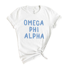 Load image into Gallery viewer, Omega Phi Alpha Blue Bubble Letters T-shirt - Kite and Crest
