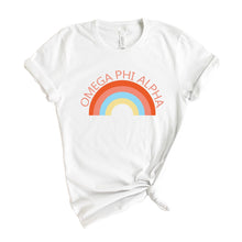Load image into Gallery viewer, Omega Phi Alpha Colorful Rainbow T-shirt - Kite and Crest
