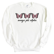 Load image into Gallery viewer, Omega Phi Alpha Three Butterflies Crewneck Sweatshirt - Kite and Crest
