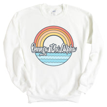 Load image into Gallery viewer, Omega Phi Alpha Wavy Rainbow Crewneck Sweatshirt - Kite and Crest
