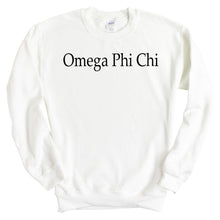 Load image into Gallery viewer, Omega Phi Chi Black Written Crewneck Sweatshirt - Kite and Crest
