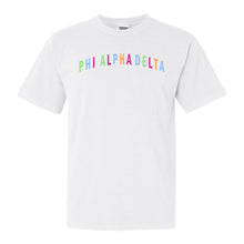 Load image into Gallery viewer, Phi Alpha Delta Greek Rainbow Comfort Colors T-Shirt - Kite and Crest
