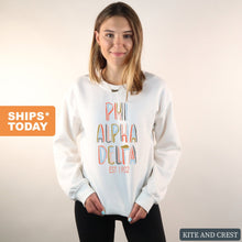 Load image into Gallery viewer, Phi Alpha Delta Pastel Stencil Sweatshirt - Fraternity Crewneck Sweatshirt - Kite and Crest
