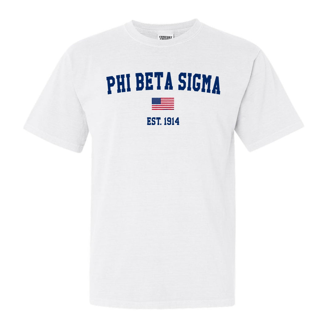 Phi Beta Sigma USA Flag Comfort Colors T-Shirt - Fraternity Tee - Kite and Crest