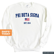 Load image into Gallery viewer, Phi Beta Sigma USA Flag Sweatshirt - Fraternity Crewneck Sweatshirt - Kite and Crest
