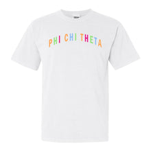 Load image into Gallery viewer, Phi Chi Theta Greek Rainbow Comfort Colors T-Shirt - Kite and Crest
