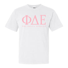 Load image into Gallery viewer, Phi Delta Epsilon Classic Pink Letters Comfort Colors T-Shirt - Kite and Crest
