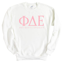 Load image into Gallery viewer, Phi Delta Epsilon Classic Pink Letters Sweatshirt - Fraternity Crewneck Sweatshirt - Kite and Crest
