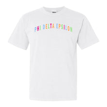 Load image into Gallery viewer, Phi Delta Epsilon Greek Rainbow Comfort Colors T-Shirt - Kite and Crest
