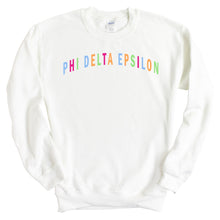 Load image into Gallery viewer, Phi Delta Epsilon Greek Rainbow Sweatshirt - Fraternity Crewneck Sweatshirt - Kite and Crest
