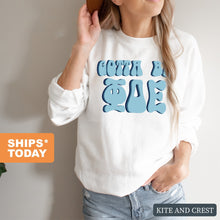 Load image into Gallery viewer, Phi Delta Epsilon Happy to be Sweatshirt - Fraternity Crewneck Sweatshirt - Kite and Crest
