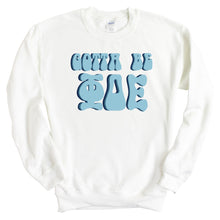 Load image into Gallery viewer, Phi Delta Epsilon Happy to be Sweatshirt - Fraternity Crewneck Sweatshirt - Kite and Crest
