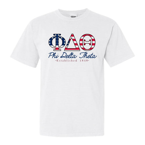 Phi Delta Theta Comfort Colors T-Shirt - Phi Delt American Flag Letters Shirt - Kite and Crest