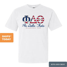 Load image into Gallery viewer, Phi Delta Theta Comfort Colors T-Shirt - Phi Delt American Flag Letters Shirt - Kite and Crest
