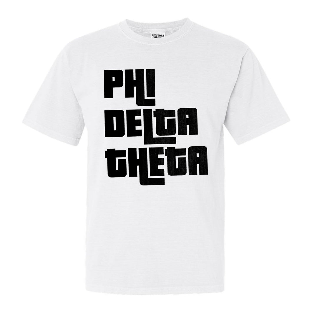 Phi Delta Theta Comfort Colors T-Shirt - Phi Delt Stacked Letters Shirt - Kite and Crest