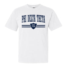 Load image into Gallery viewer, Phi Delta Theta Comfort Colors T-Shirt - Phi Delt Striped Shield Shirt - Kite and Crest
