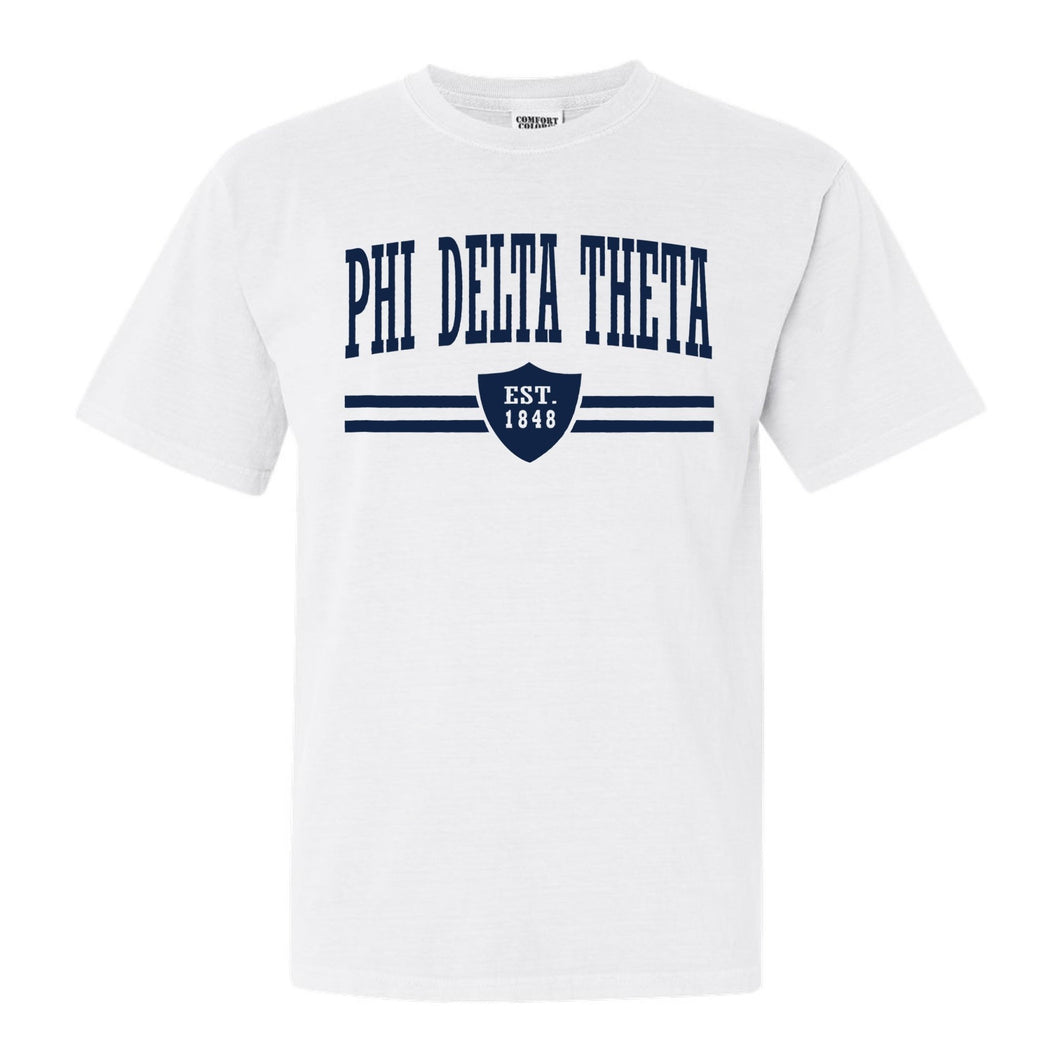 Phi Delta Theta Comfort Colors T-Shirt - Phi Delt Striped Shield Shirt - Kite and Crest