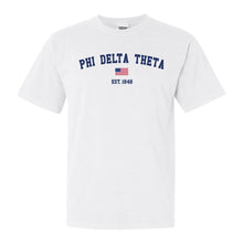 Load image into Gallery viewer, Phi Delta Theta Comfort Colors T-Shirt - Phi Delt USA Flag Shirt - Kite and Crest
