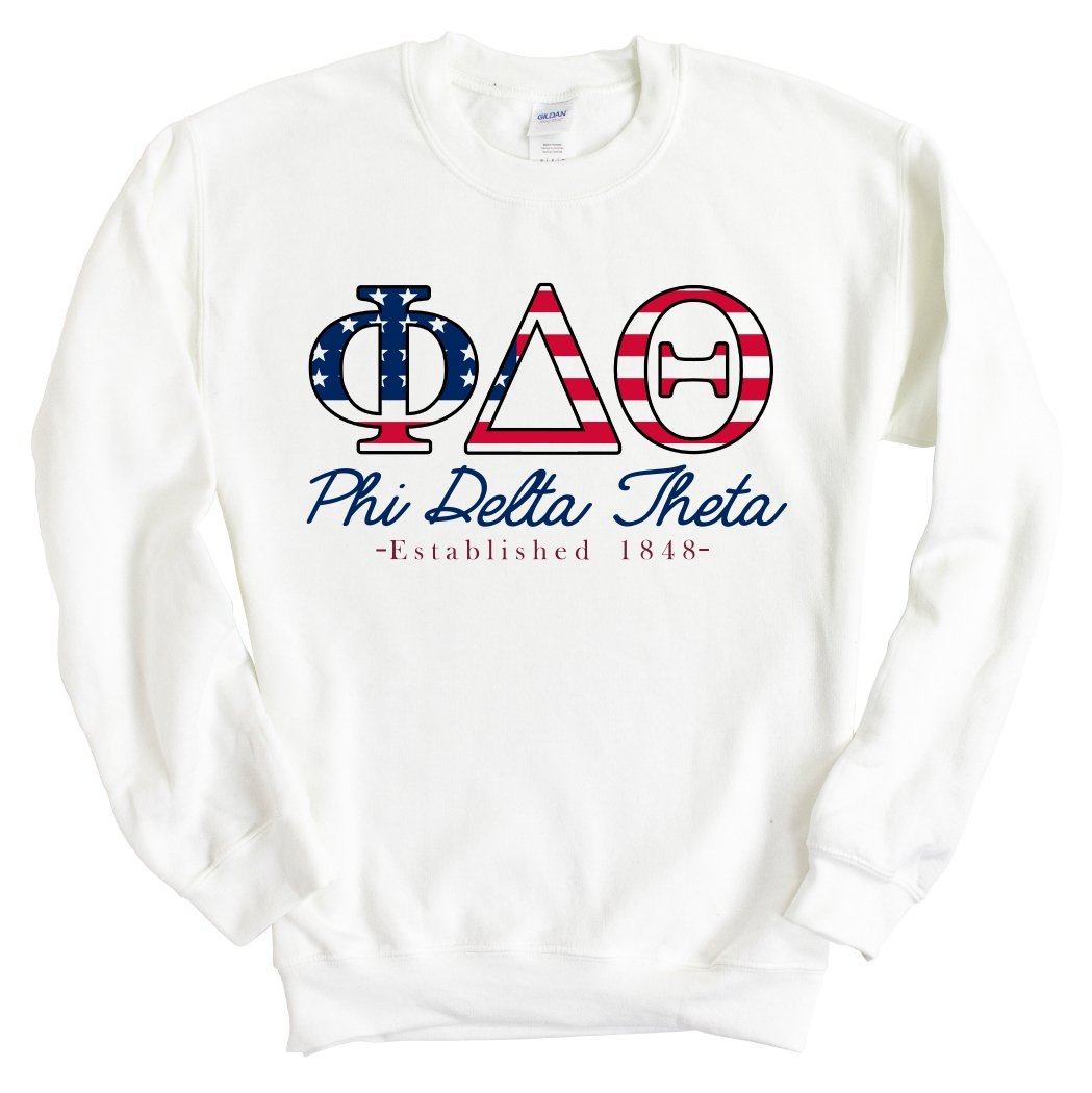 Phi Delta Theta Sweatshirt - Phi Delt American Flag Letters Crewneck Sweatshirt - Kite and Crest