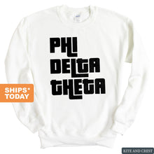 Load image into Gallery viewer, Phi Delta Theta Sweatshirt - Phi Delt Stacked Letters Crewneck Sweatshirt - Kite and Crest
